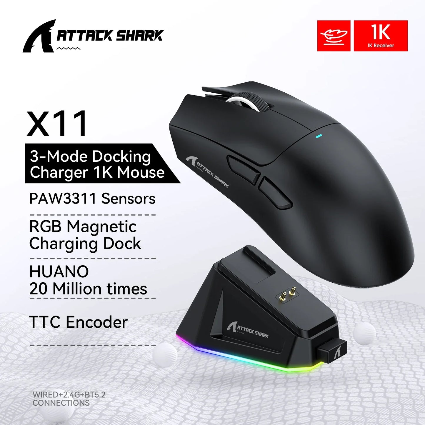 Mysz bezprzewodowa Attack Shark X11, 2.4GHz/Bluetooth, 22000DPI, RGB