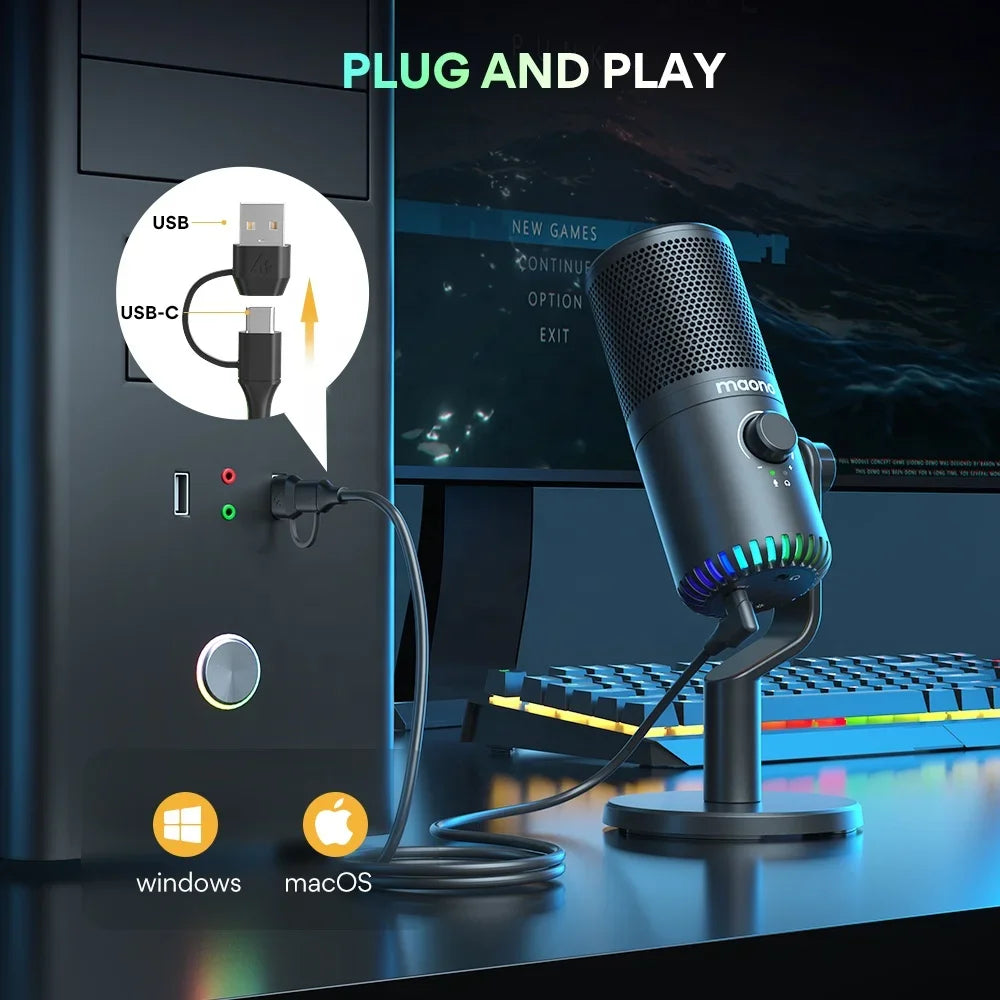 Mikrofon RGB 3w1, z programowalnym pokrętłem, USB Type C, dla graczy
