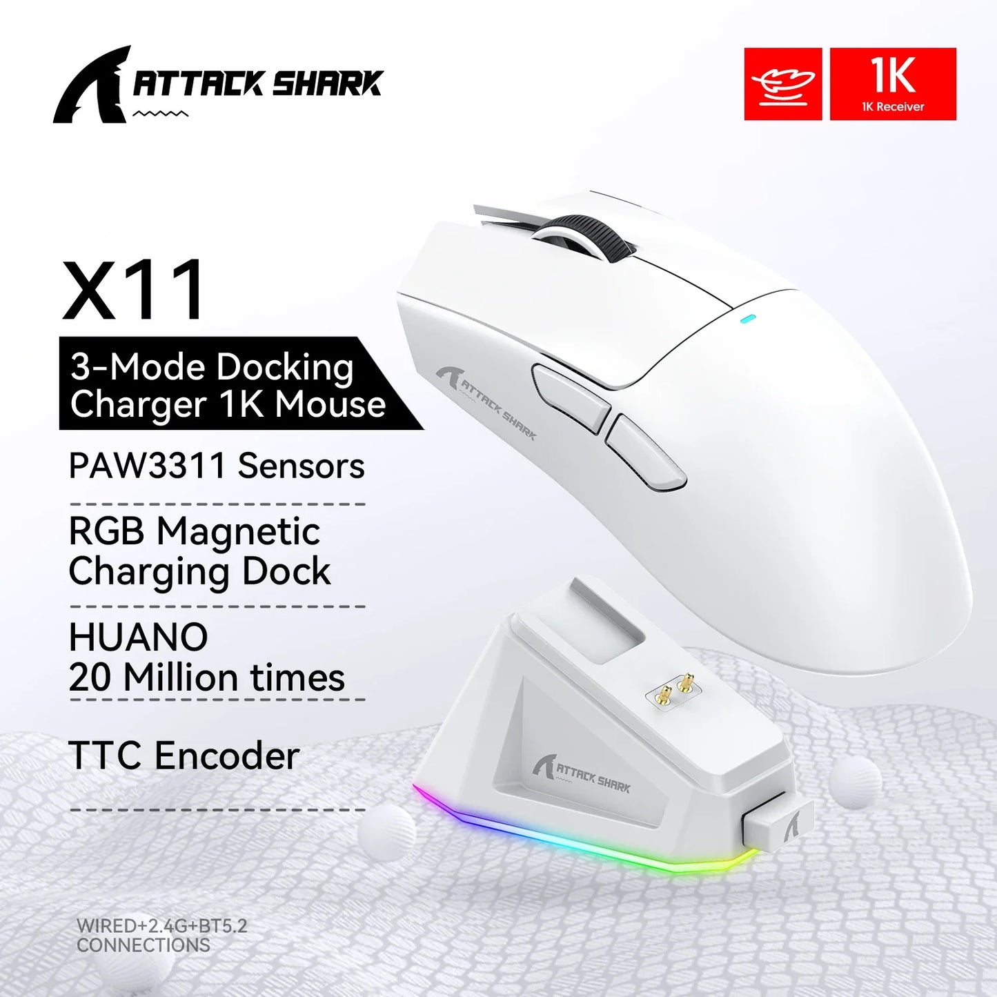 Mysz bezprzewodowa Attack Shark X11, 2.4GHz/Bluetooth, 22000DPI, RGB