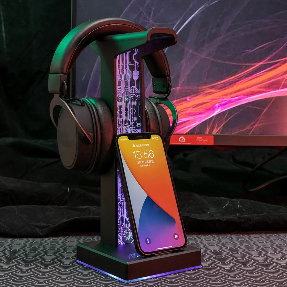 Stojak na słuchawki RGB, z portami USB i audio 3.5mm, 10 efektów świetlnych, uchwyt na słuchawki do PC dla graczy