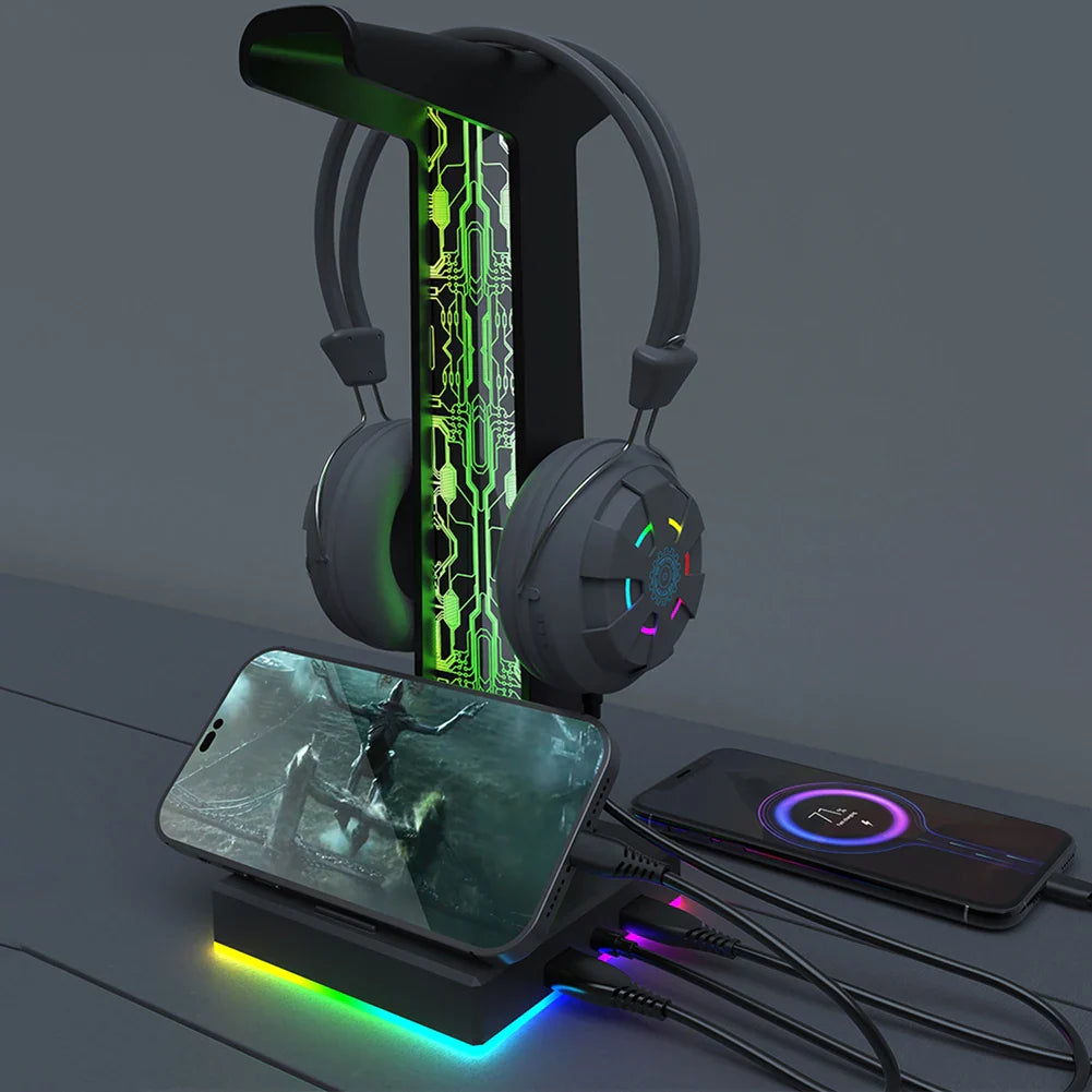 Stojak na słuchawki RGB, z portami USB i audio 3.5mm, 10 efektów świetlnych, uchwyt na słuchawki do PC dla graczy