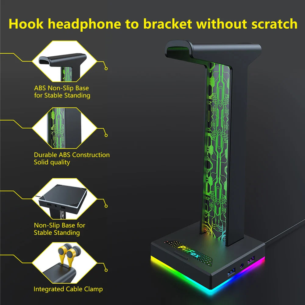 Stojak na słuchawki RGB, z portami USB i audio 3.5mm, 10 efektów świetlnych, uchwyt na słuchawki do PC dla graczy