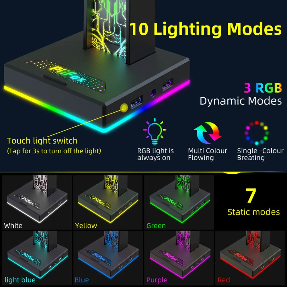 Stojak na słuchawki RGB, z portami USB i audio 3.5mm, 10 efektów świetlnych, uchwyt na słuchawki do PC dla graczy