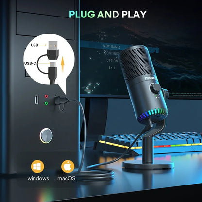 Mikrofon RGB 3w1, z programowalnym pokrętłem, USB Type C, dla graczy