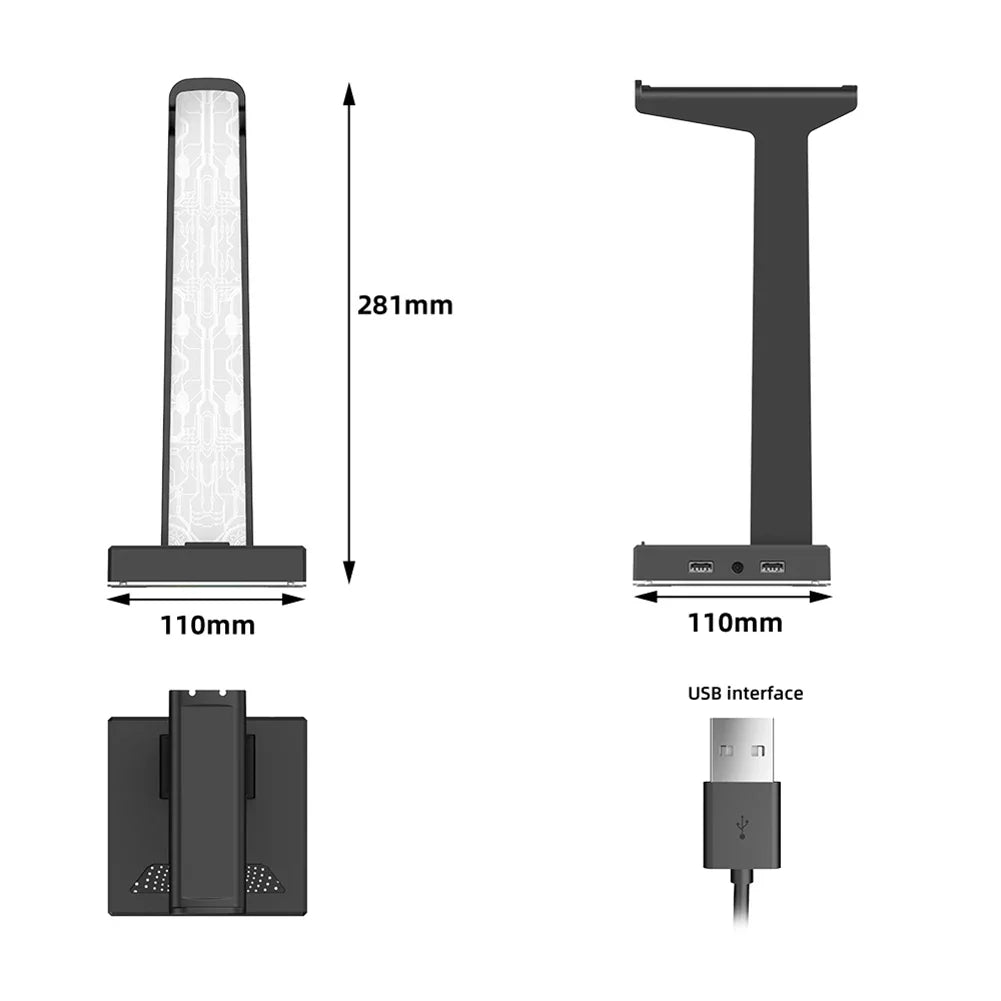 Stojak na słuchawki RGB, z portami USB i audio 3.5mm, 10 efektów świetlnych, uchwyt na słuchawki do PC dla graczy