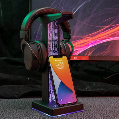 Stojak na słuchawki RGB, z portami USB i audio 3.5mm, 10 efektów świetlnych, uchwyt na słuchawki do PC dla graczy
