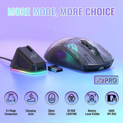Mysz gamingowa ATTACK SHARK X2 Pro, trójtrybowa, przezroczysta obudowa, RGB, 4000 DPI