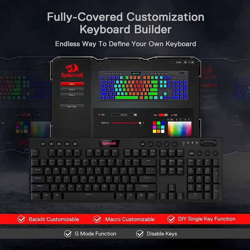 Klawiatura Redragon K618 Horus, bezprzewodowa, RGB, trójtrybowa, niskoprofilowa do gier