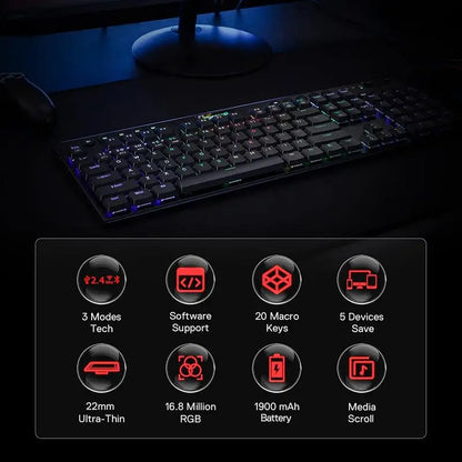 Klawiatura Redragon K618 Horus, bezprzewodowa, RGB, trójtrybowa, niskoprofilowa do gier